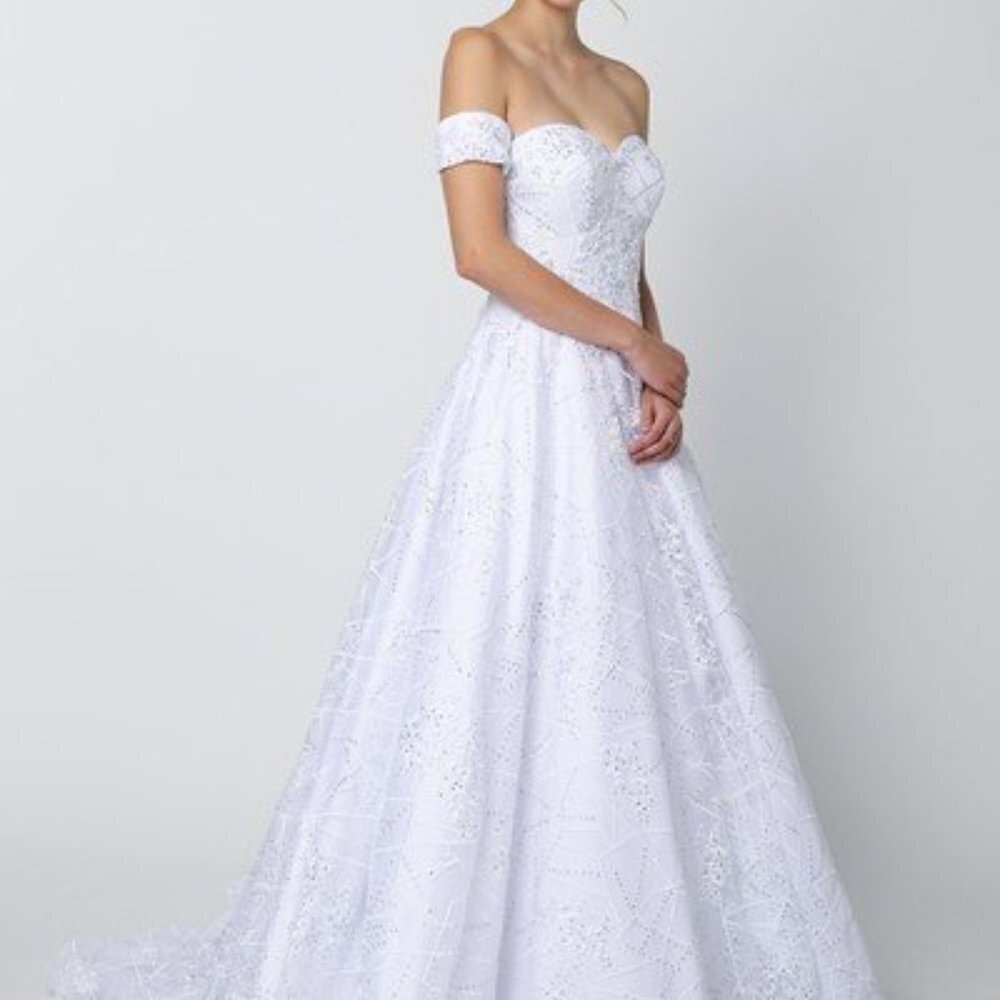 N/A NEW WHITE Sequined Off Shoulder A-Line Dress JT692